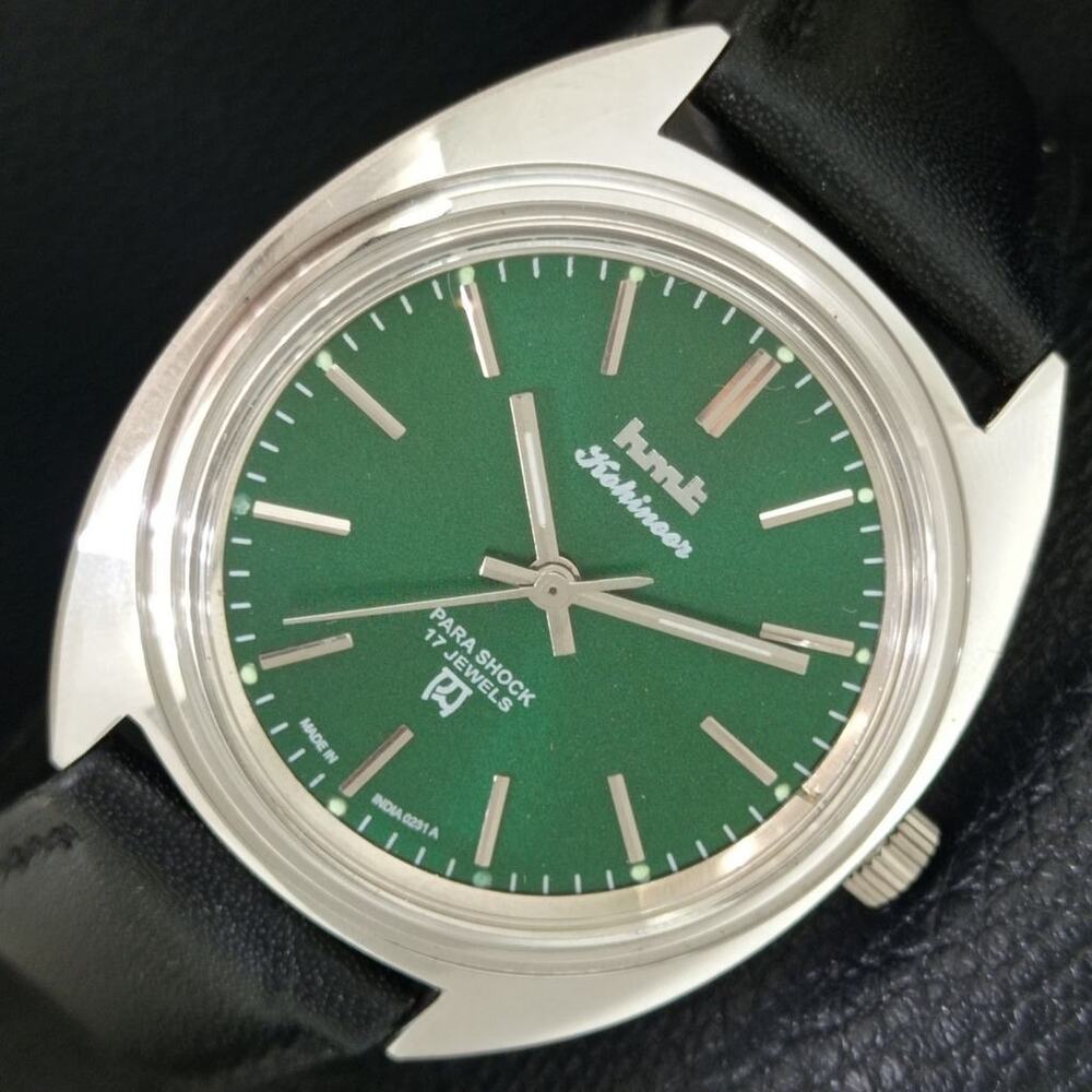 Vintage 1974 HMT Manual Wound Mens Silver Watch & Green accents